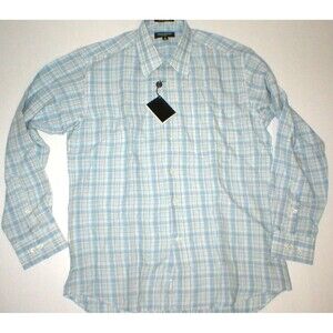 New Mens L NWT Guy Laroche Homme France Designer Shirt Ligt Blue Tan Linen Plaid